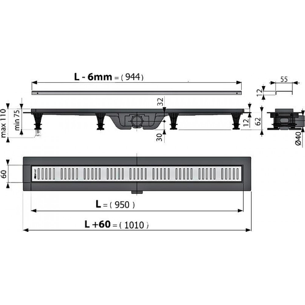 Душевой лоток AlcaPlast APZ10-Simple 950M с решеткой и опорами 95 см