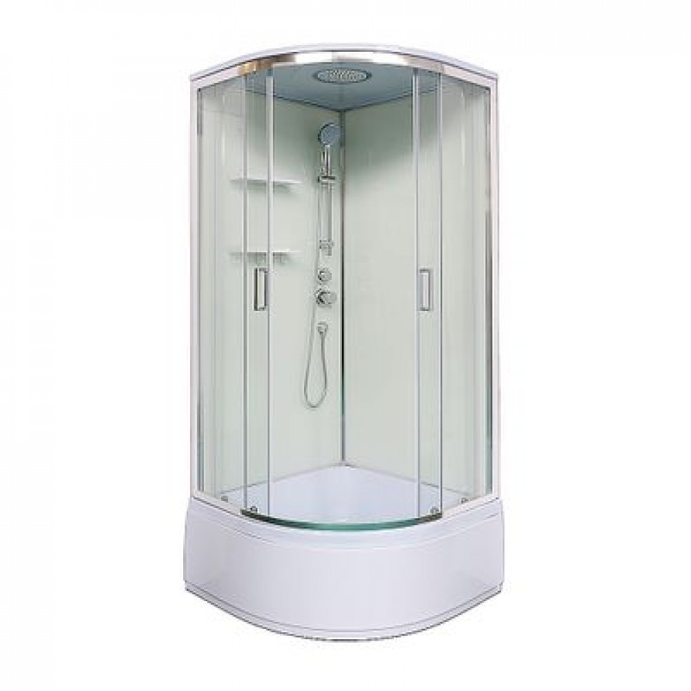 Душевая кабина Loranto NEO 90x90x(170+38) с высоким поддоном 38см, прозрачное закаленное стекло 4 мм, задние стеклянные стенки белые, с двумя полками, профиль серебро (CS-22011)
