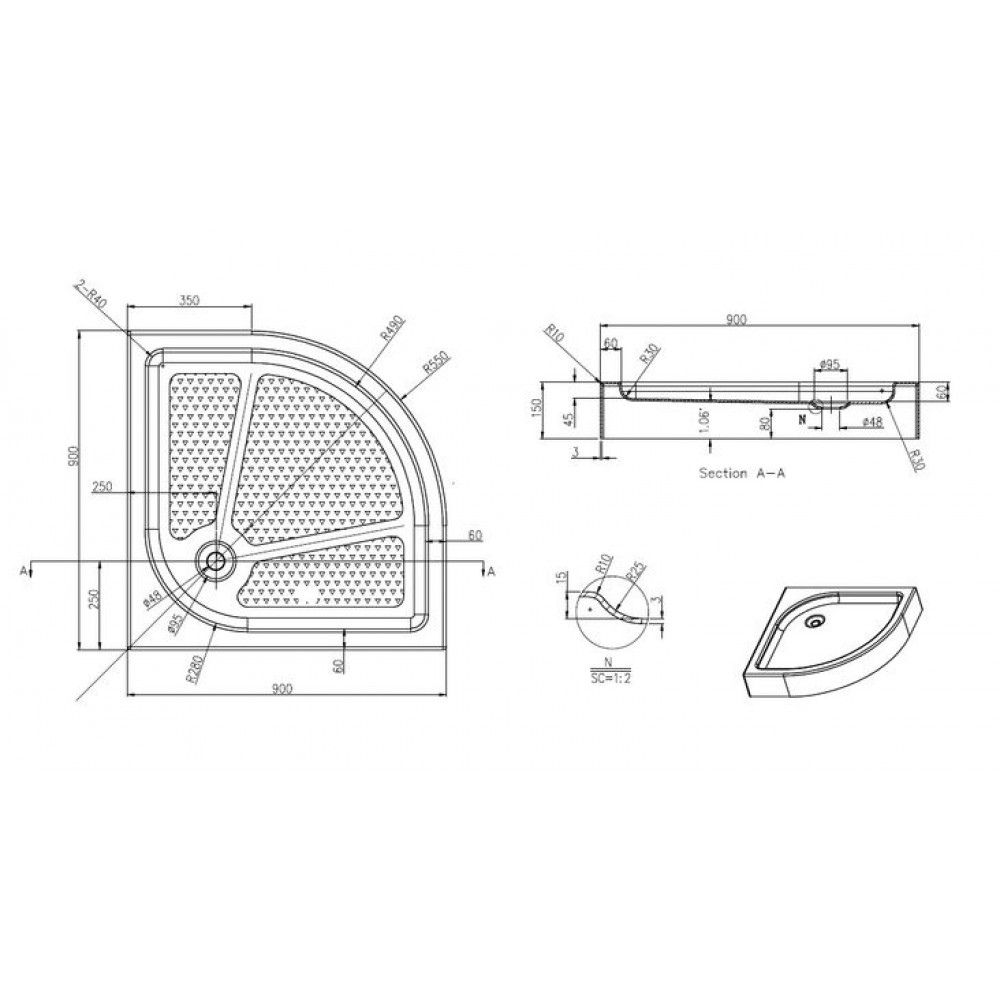 Душевой поддон Azario 900х900х150 R/L, для EDMONTON 2231 900/OTTAWA 2142 900/ONTARIO 2231 900