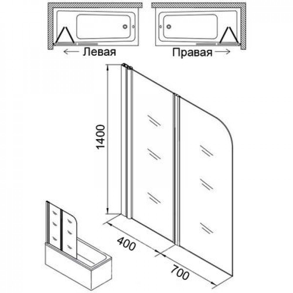 Шторка для ванны Azario MERRIT 1100(700+400)х1400 прозрачное стекло 6 мм, покрытие EASY CLEAN, цвет профиля серебро (AZ-NF6221 1100)