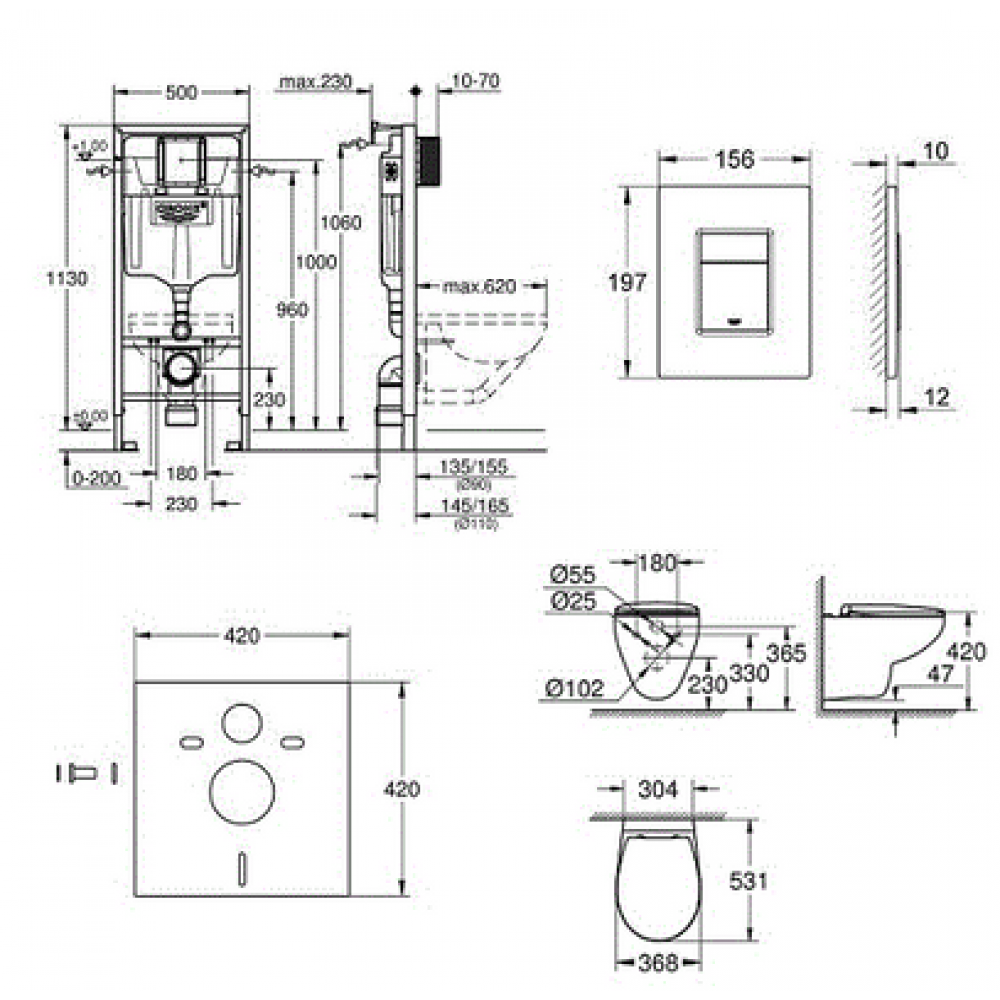 Комплект унитаза с инсталляцией Grohe Solido Compact с сиденьем Микролифт и клавишей смыва Хром (39586000)