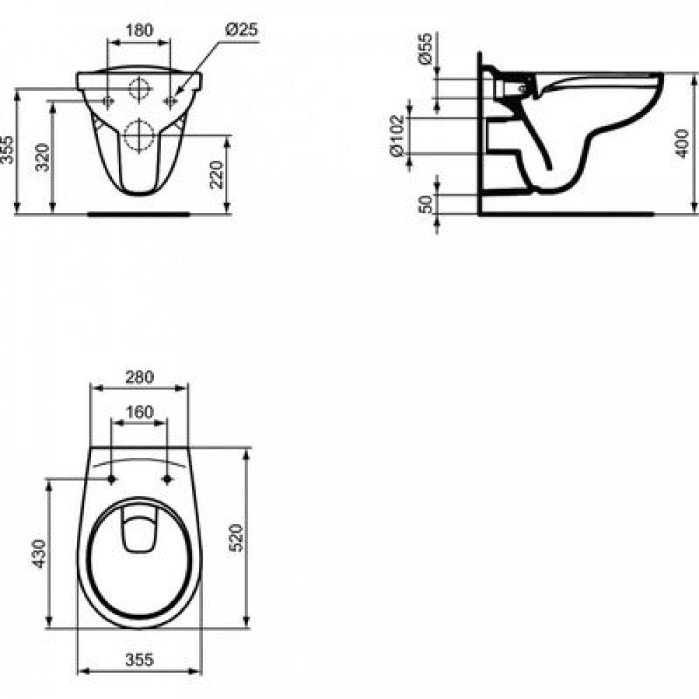Комплект инсталляции Ideal Standard ProSys Eco Frame M с унитазом Eurovit Rimless безободковый Cut Rimless c сиденьем микролифт E131801 (W660101)