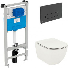Комплект унитаза с инсталляцией Ideal Standard Tesi Aqua Blade с сиденьем Микролифт и Черной матовой клавишей смыва (T3868V1/115A6)