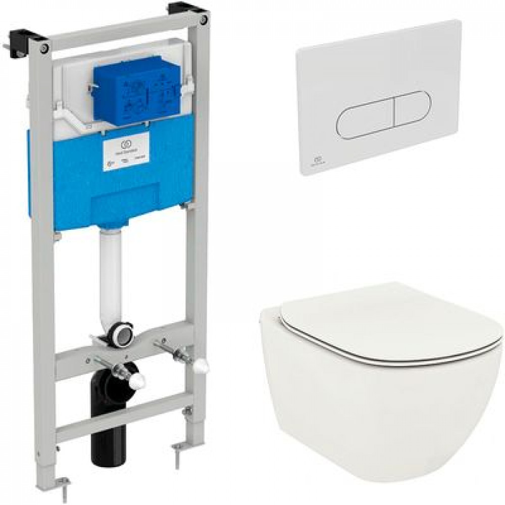 Комплект унитаза с инсталляцией Ideal Standard Tesi Aqua Blade с сиденьем Микролифт и Белой клавишей смыва (T3868V1/115AC)