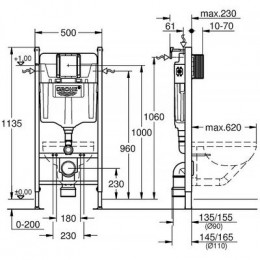 Инсталляция для подвесного унитаза Grohe Solido 1,13 м + панель смыва Grohe Sail (2 объема смыва), хром (38971000 + 38965000)