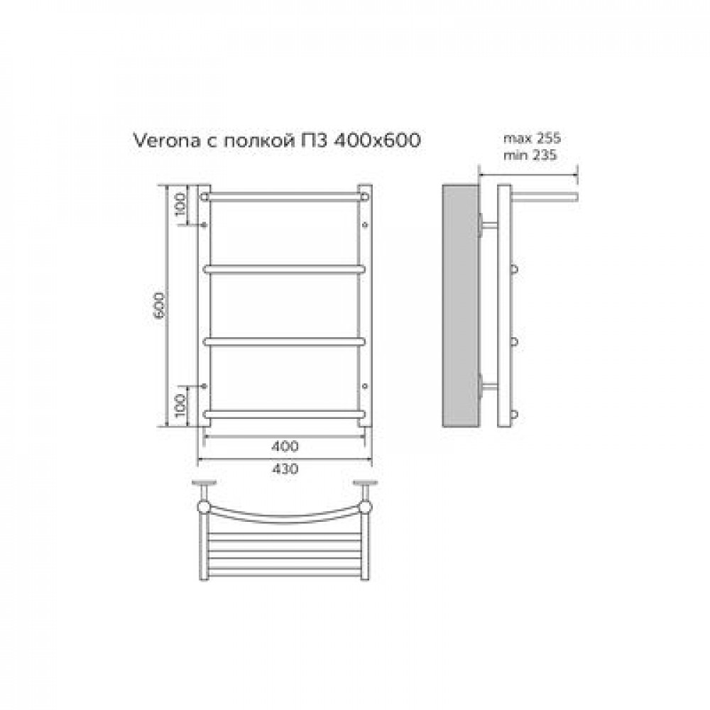 Полотенцесушитель водяной AZARIO VERONA 400/600 с полкой, 3 секции, нижнее/диагональное подключение, 1/2", хром (AZ04146P)
