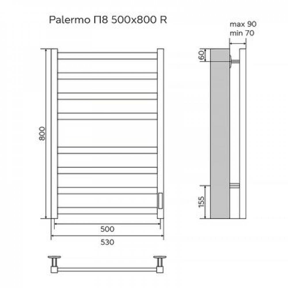 Полотенцесушитель электрический AZARIO PALERMO 500/800 квадрат, 8 секций, диммер справа, белый (AZ83858W)