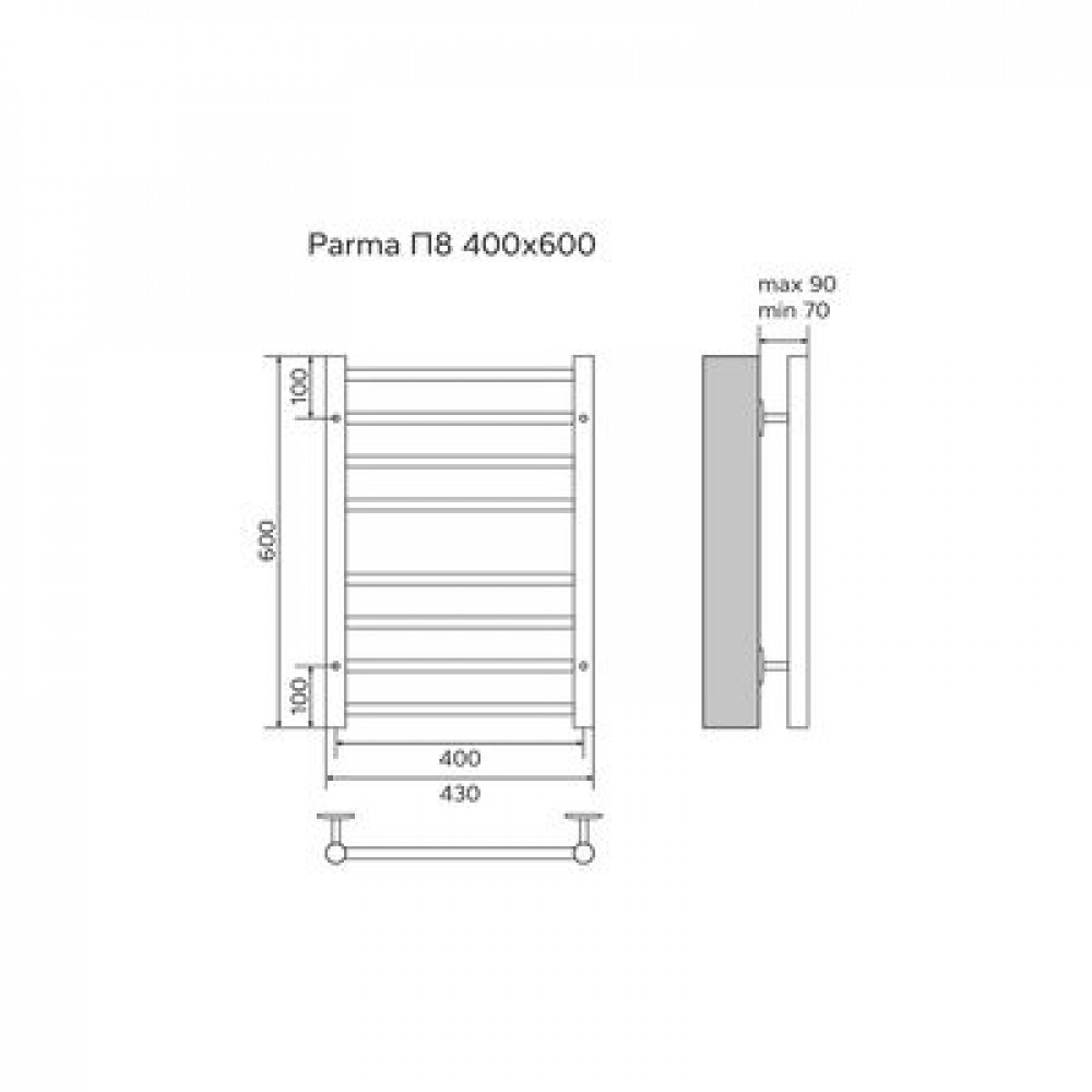Полотенцесушитель водяной AZARIO PARMA 400/600 8 секций, нижнее/диагональное подключение, 1/2", хром (AZ10146S)