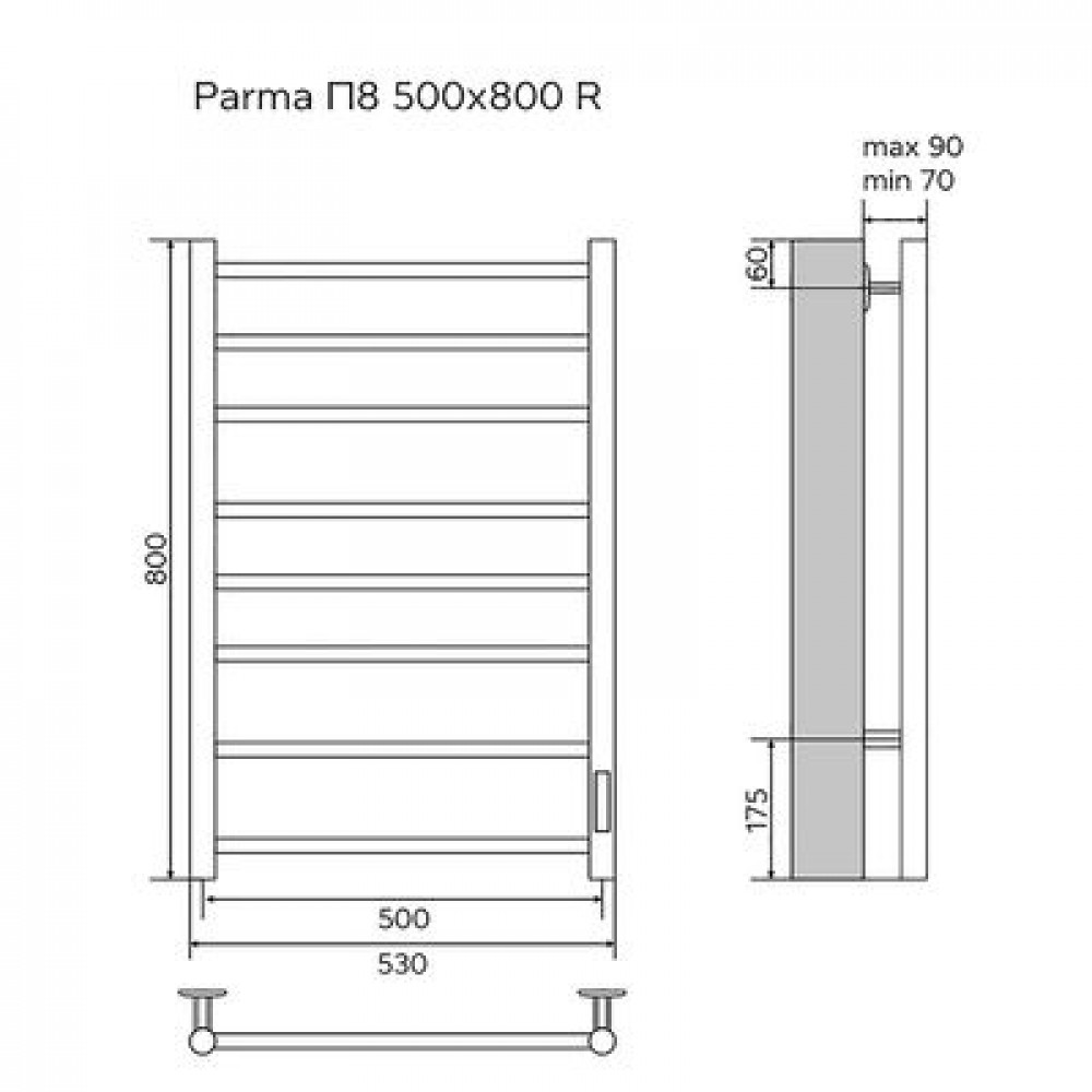 Полотенцесушитель электрический AZARIO PARMA 500/800 8 секций, диммер справа, черный (AZ10858B)
