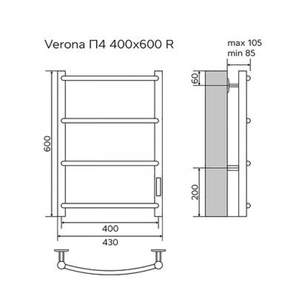 Полотенцесушитель электрический AZARIO VERONA 400/600 4 секции, диммер справа, хром (AZ04846)