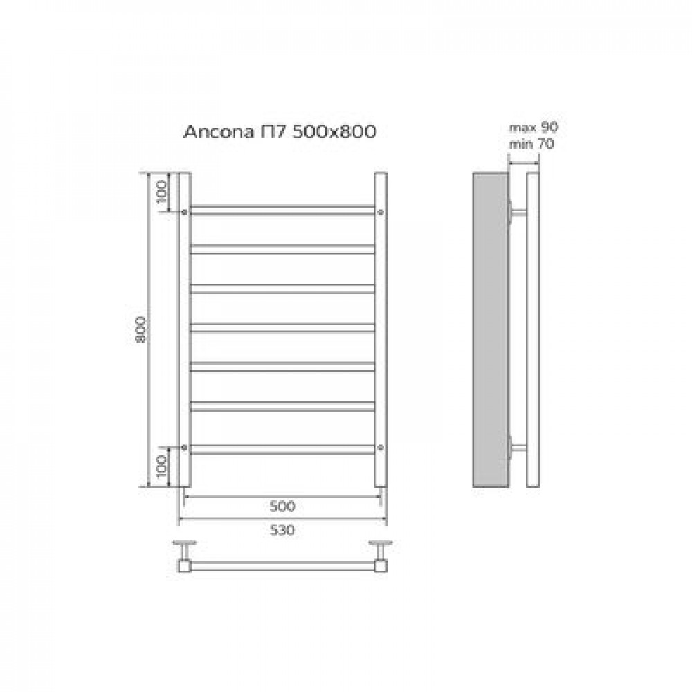 Полотенцесушитель водяной AZARIO ANCONA 500/800 квадрат, 7 секций, нижнее/диагональное подключение, 1/2", хром (AZ75558)