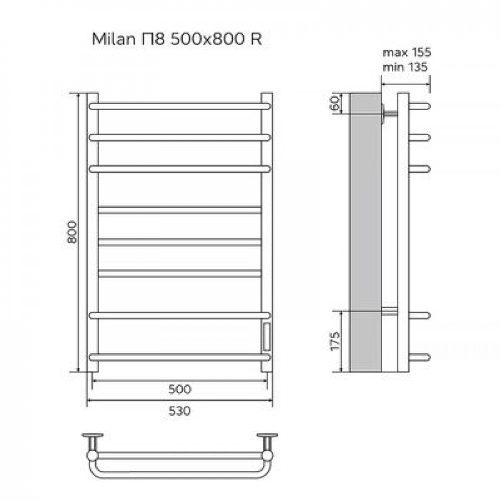 Полотенцесушитель электрический AZARIO MILAN 500/800 8 секций, диммер справа, черный (AZ90858B)