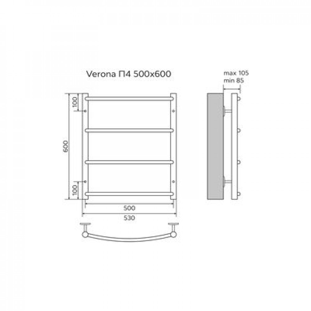 Полотенцесушитель водяной AZARIO VERONA 500/600 4 секции, нижнее/диагональное подключение, 1/2", хром (AZ04156)