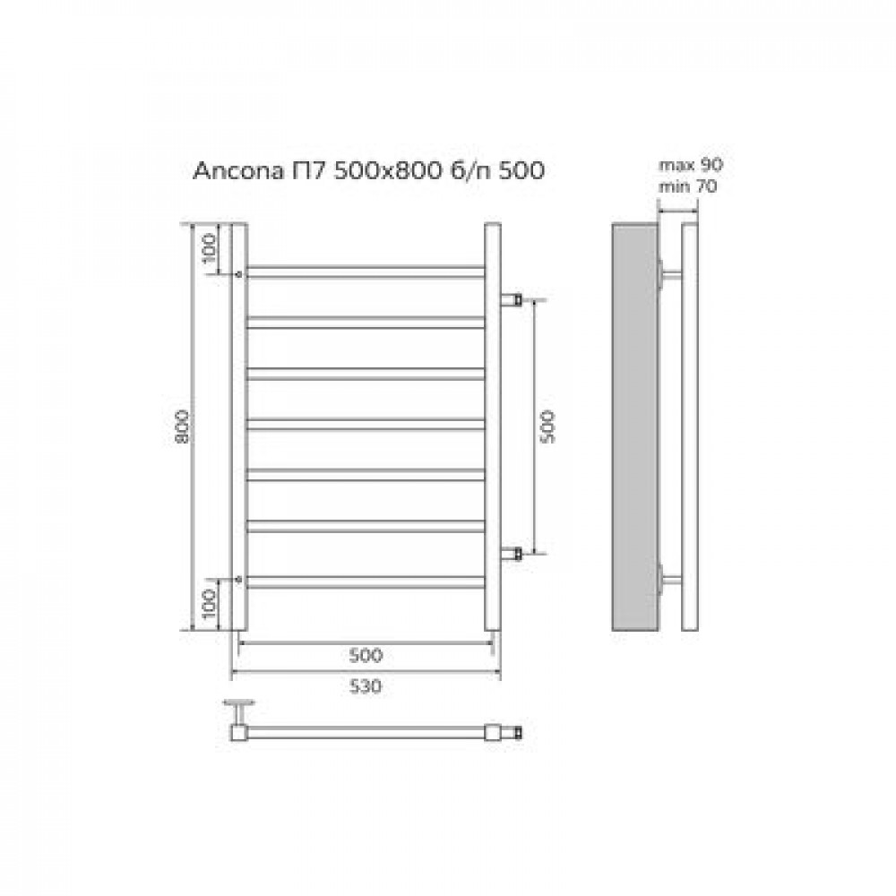 Полотенцесушитель водяной AZARIO ANCONA 500/800 квадрат, 7 секций, боковое подключение, 3/4", хром (AZ71558)