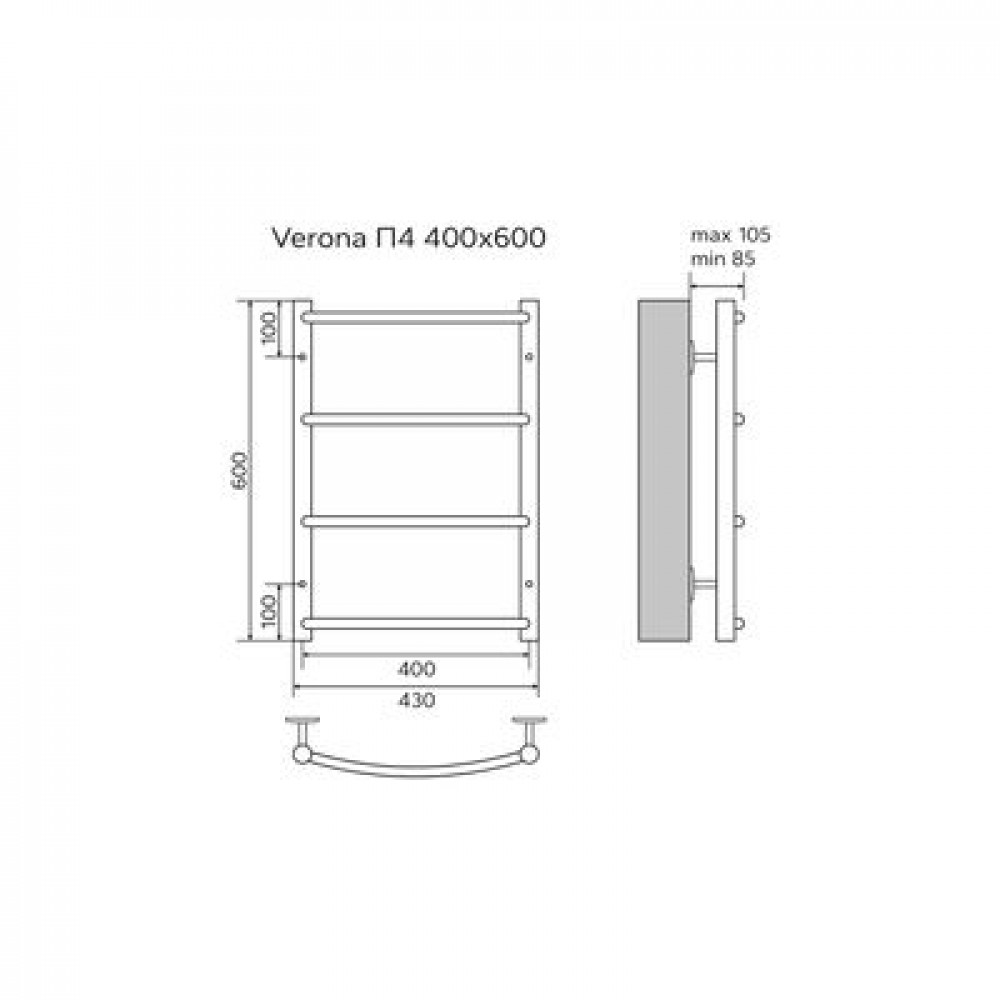 Полотенцесушитель водяной AZARIO VERONA 400/600 4 секции, нижнее/диагональное подключение, 1/2", хром (AZ04146)