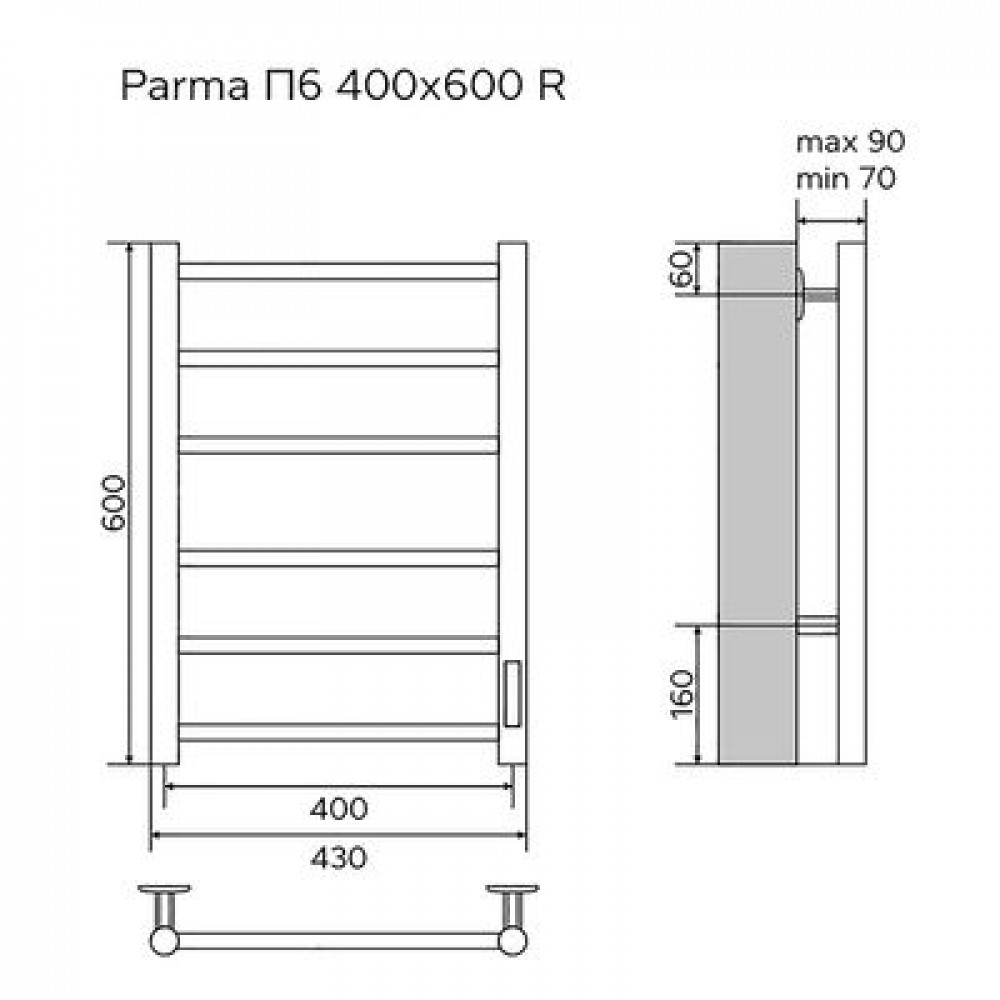 Полотенцесушитель электрический AZARIO PARMA 400/600 6 секций, диммер справа, черный (AZ10846B)