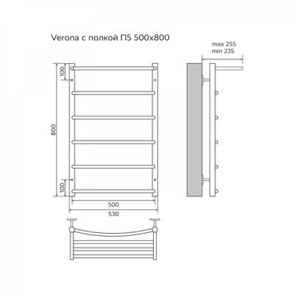 Полотенцесушитель водяной AZARIO VERONA 500/800 с полкой, 5 секций, нижнее/диагональное подключение, 1/2", хром (AZ04158P)