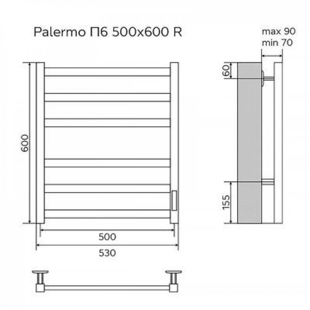 Полотенцесушитель электрический AZARIO PALERMO 500/600 квадрат, 6 секций, диммер справа, черный (AZ83856B)