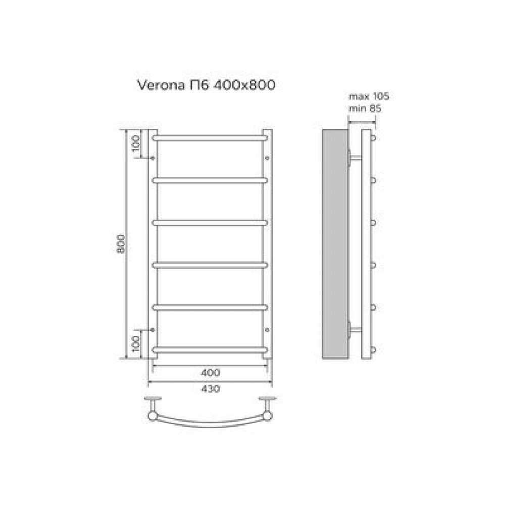 Полотенцесушитель водяной AZARIO VERONA 400/800 6 секций, нижнее/диагональное подключение, 1/2", хром (AZ04148)