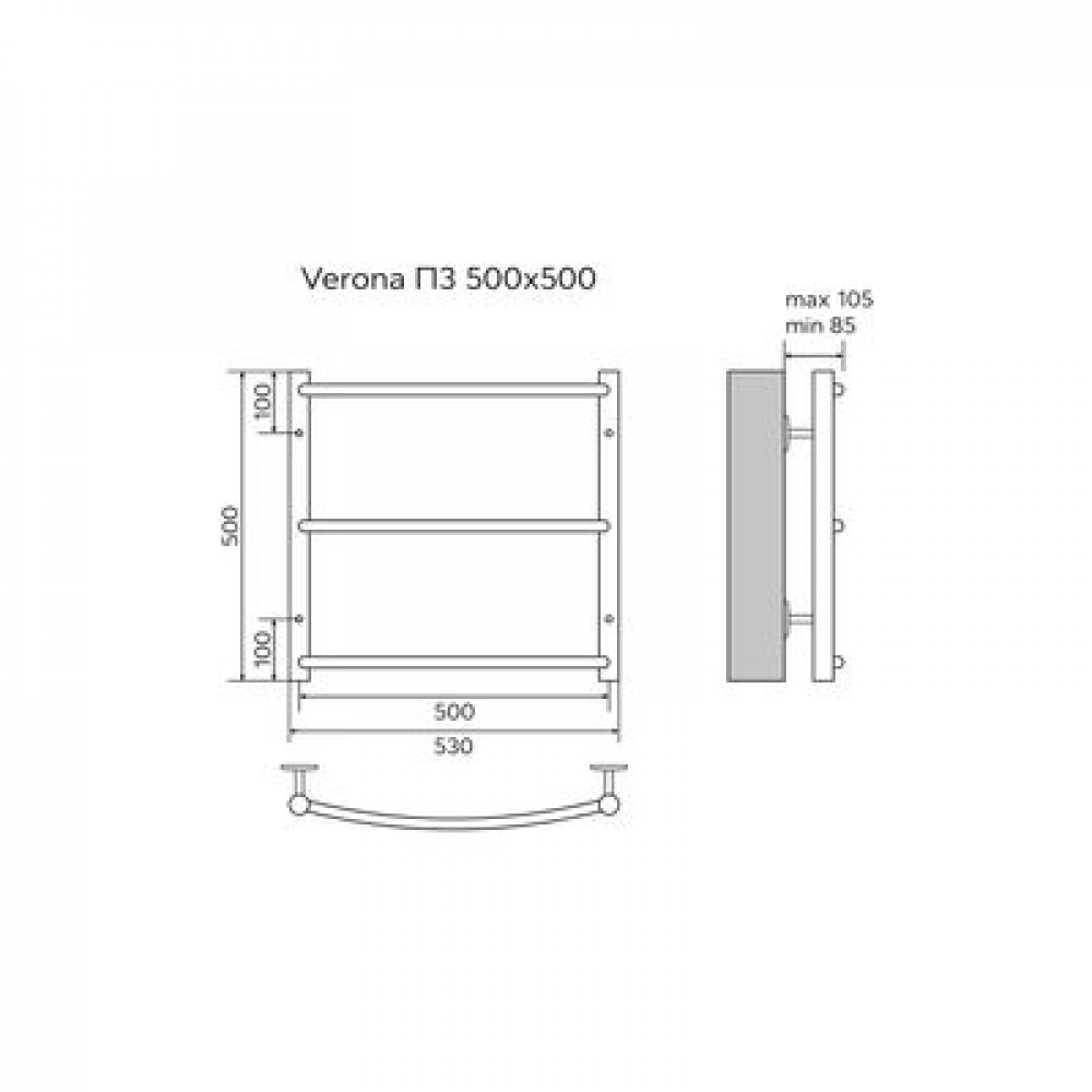 Полотенцесушитель водяной AZARIO VERONA 500/500 3 секции, нижнее/диагональное подключение, 1/2", хром (AZ04155)