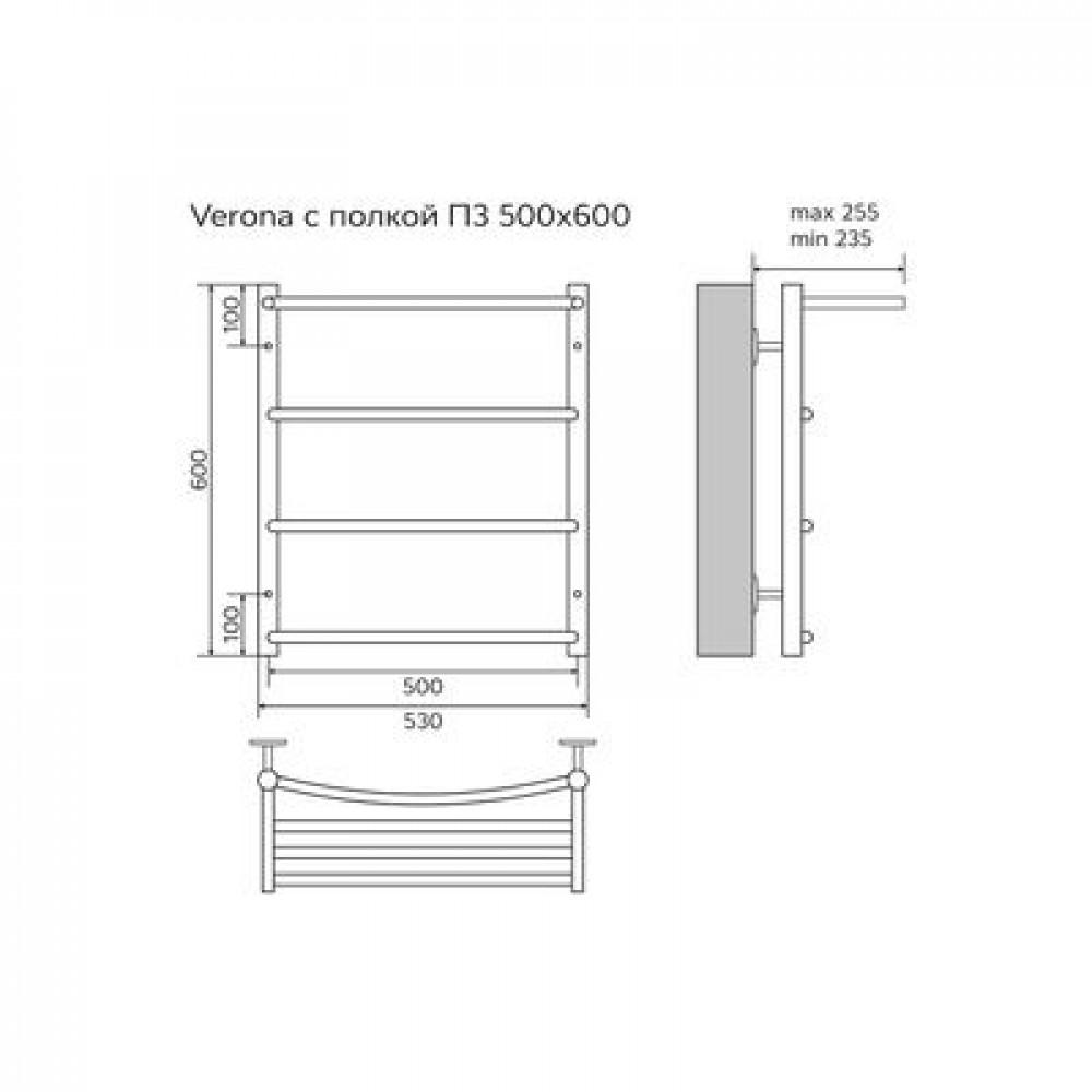 Полотенцесушитель водяной AZARIO VERONA 500/600 с полкой, 3 секции, нижнее/диагональное подключение, 1/2", хром (AZ04156P)