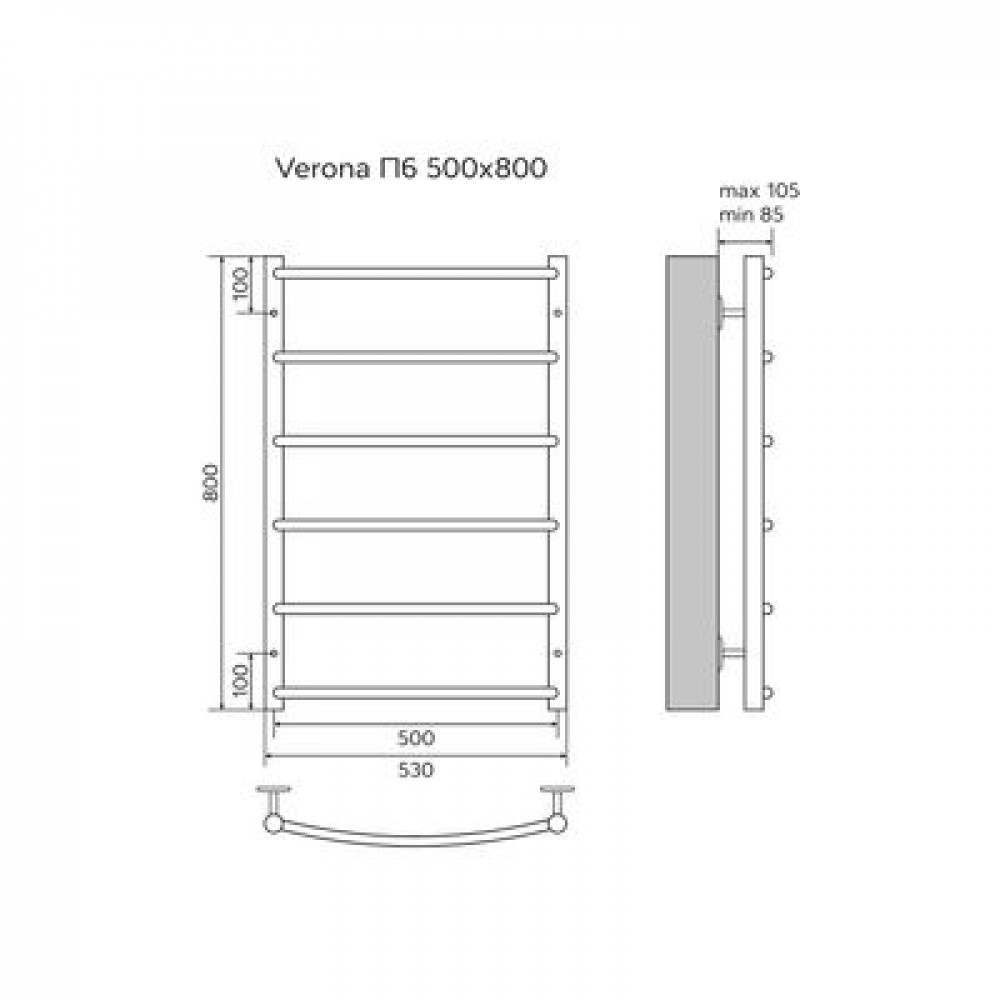Полотенцесушитель водяной AZARIO VERONA 500/800 6 секций, нижнее/диагональное подключение, 1/2", хром (AZ04158)