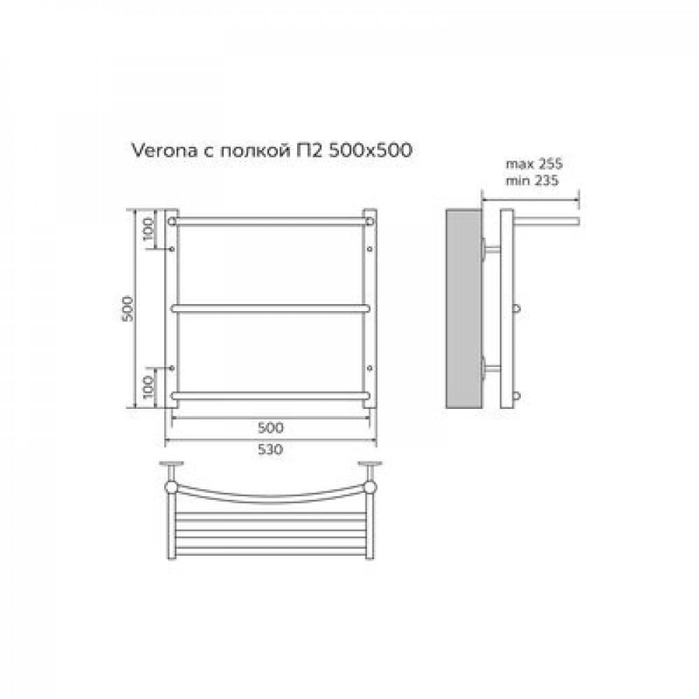 Полотенцесушитель водяной AZARIO VERONA 500/500 с полкой, 2 секции, нижнее/диагональное подключение, 1/2", хром (AZ04155P)