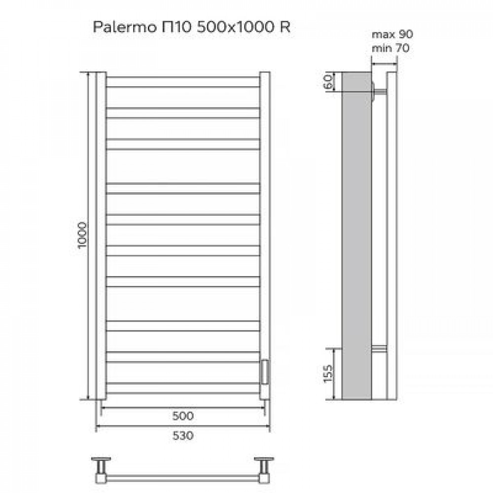 Полотенцесушитель электрический AZARIO PALERMO 500/1000 квадрат, 10 секций, диммер справа, черный (AZ83850B)