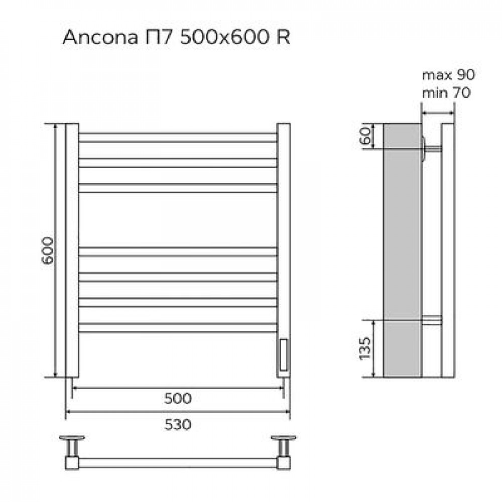 Полотенцесушитель электрический AZARIO ANCONA 500/600 квадрат, 7 секций, диммер справа, белый (AZ71856W)
