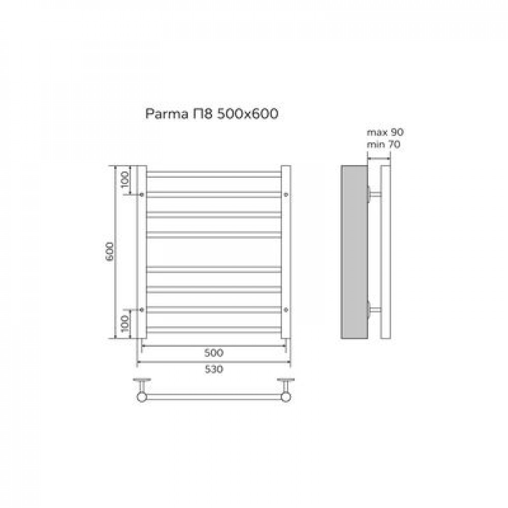 Полотенцесушитель водяной AZARIO PARMA 500/600 8 секций, нижнее/диагональное подключение, 1/2", хром (AZ10156S)