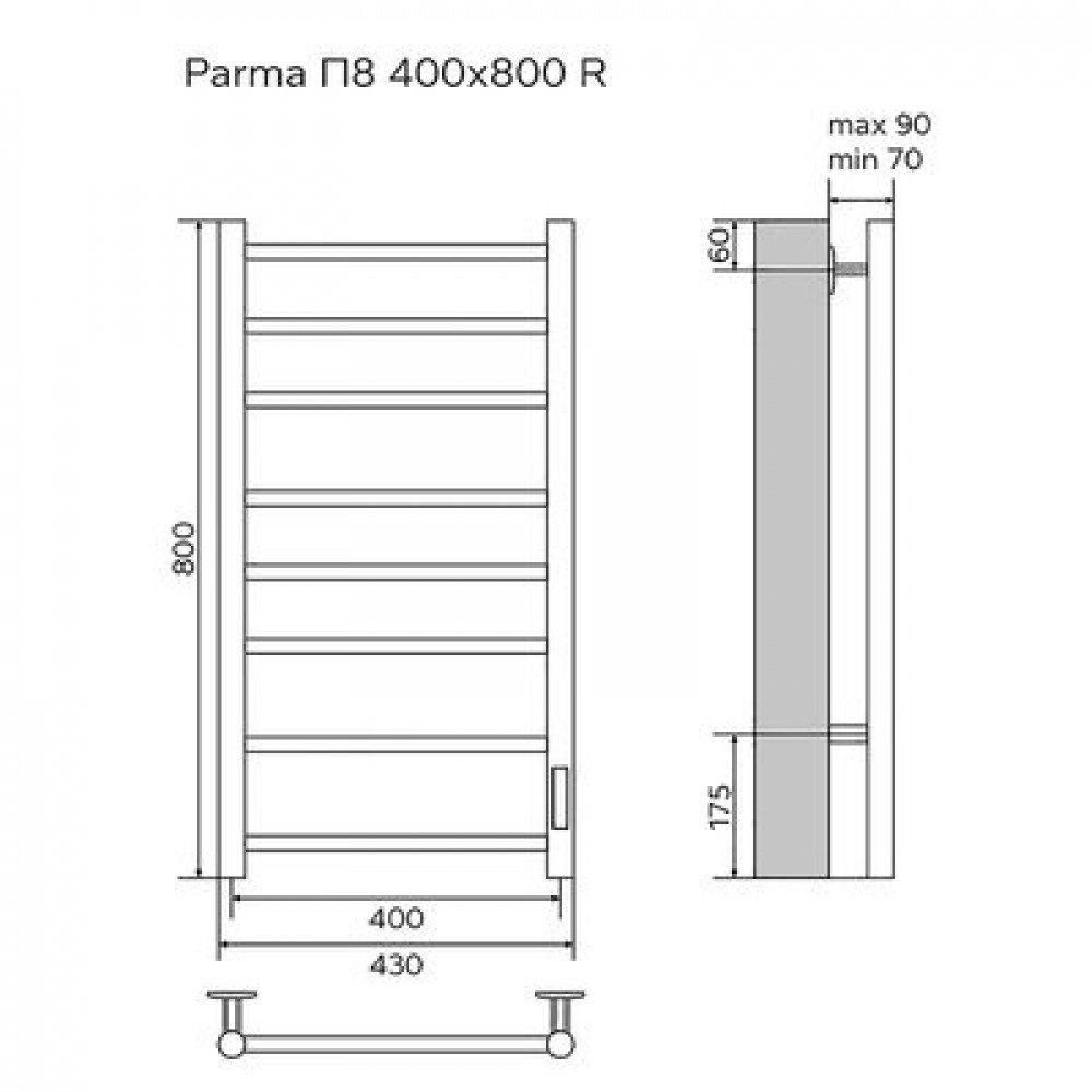 Полотенцесушитель электрический AZARIO PARMA 400/800 8 секций, диммер справа, черный (AZ10848B)