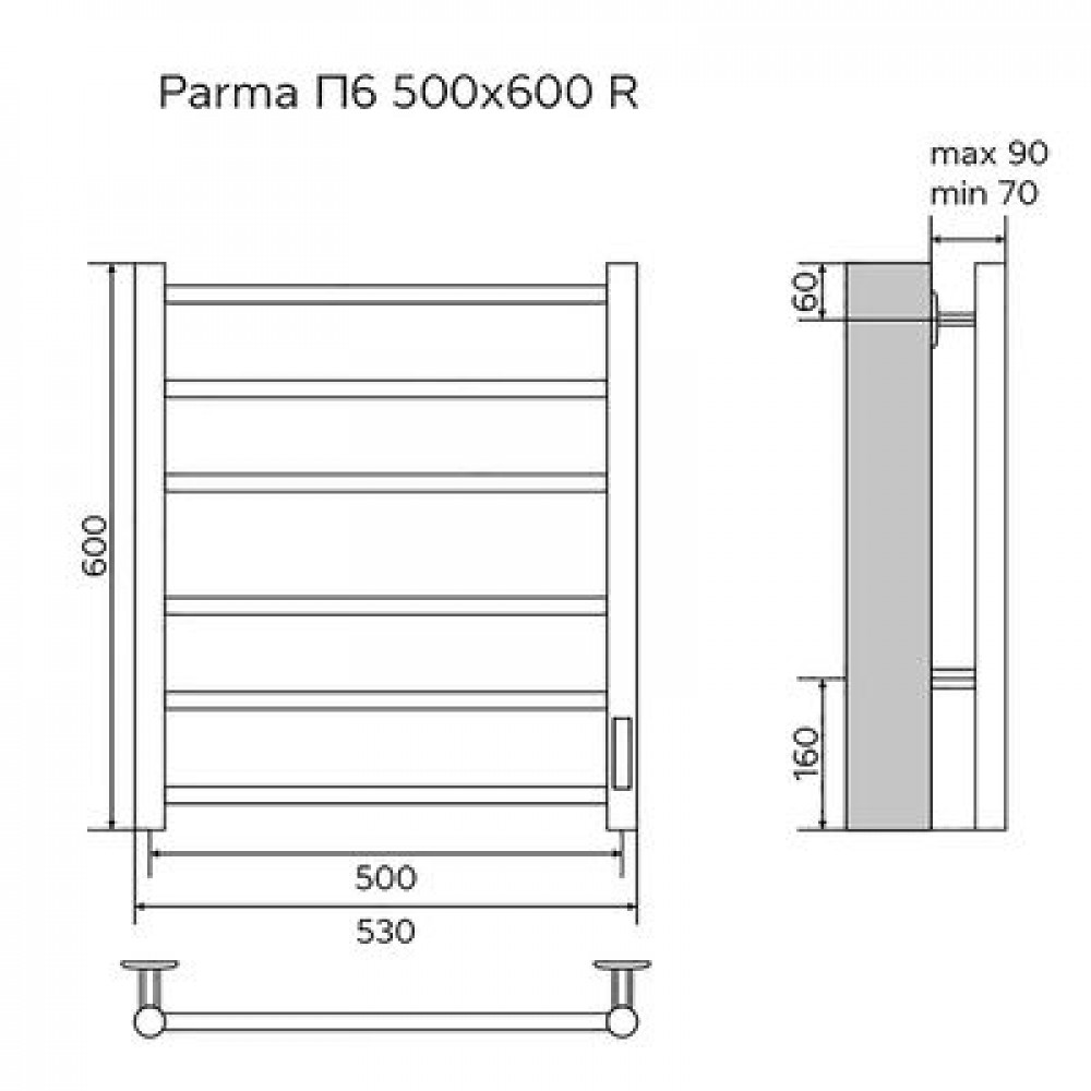 Полотенцесушитель электрический AZARIO PARMA 500/600 6 секций, диммер справа, черный (AZ10856B)