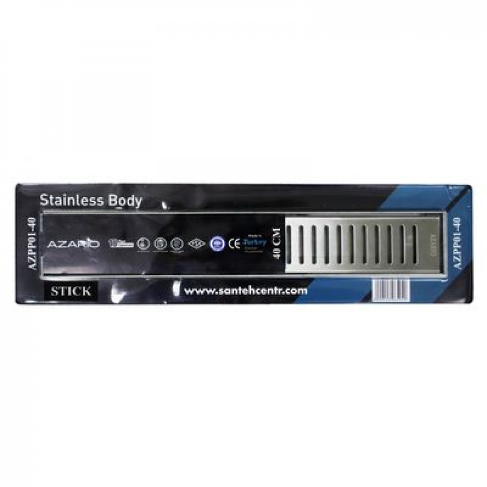 Душевой лоток AZARIO STICK 400 мм, боковой слив D50, нержавеющая сталь, перфорированная решетка (AZPP01-40 Stick)