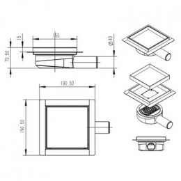 Трап для душа AZARIO 150х150 металлический, поворотный сифон 360°, решетка "под плитку", горизонтальный выпуск (AZZ3TILE150)