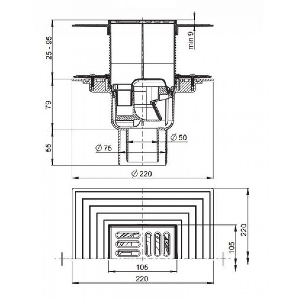 Душевой трап Alcadrain 105 х105/50 решетка - нержавеющая сталь, хром (APV2324)