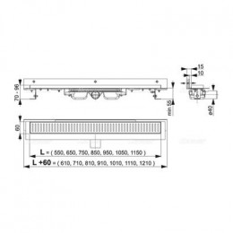 Водоотводящий желоб Alcadrain Flexible Low 850, для перфорированной решетки с регулируемым краем, к стене