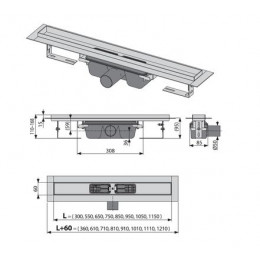 Душевой лоток Alcadrain Professional с порогами для цельной решетки, с горизонтальным сливом  (сталь) (APZ6-1150)
