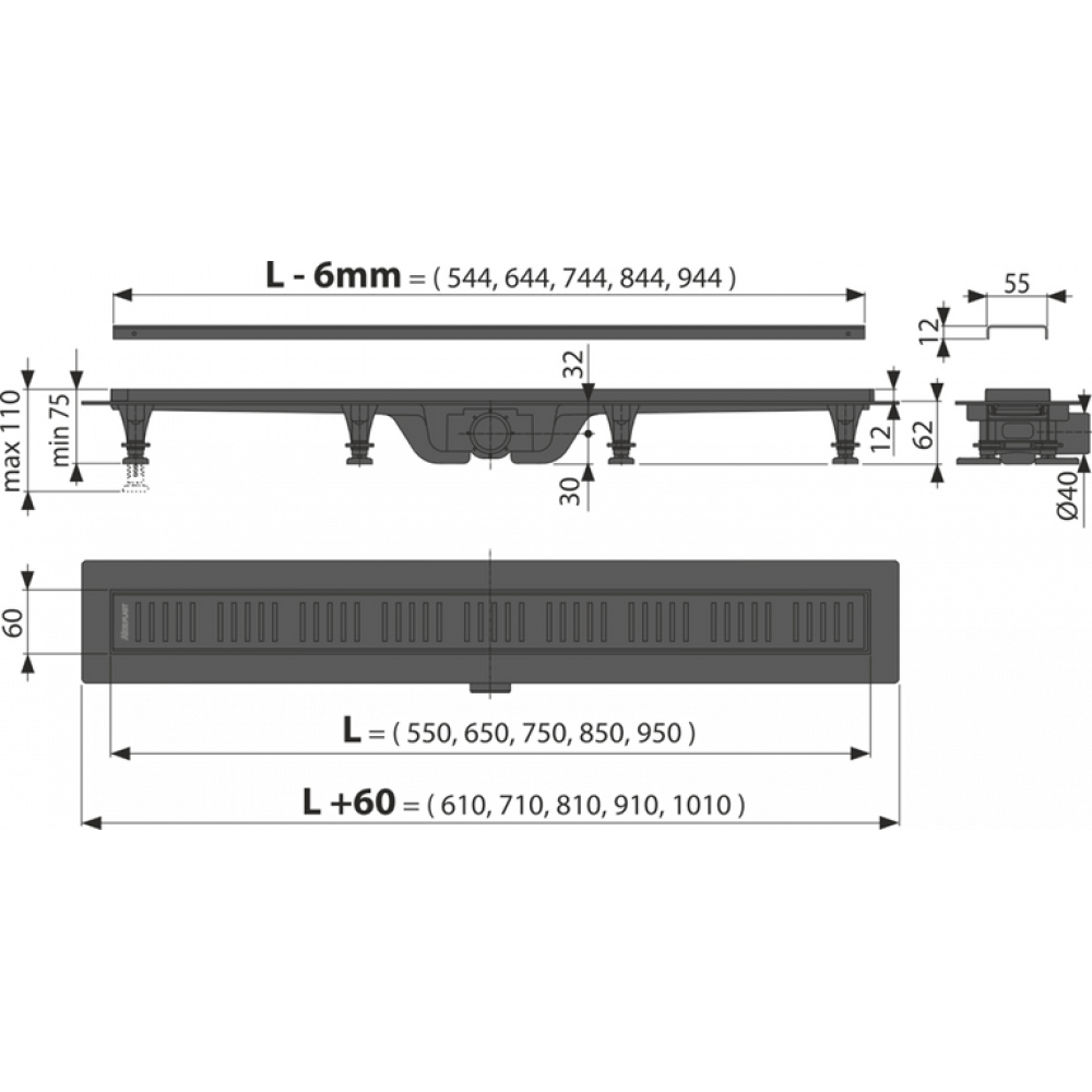 Душевой лоток Alcadrain Simple с черной матовой решеткой (APZ10BLACK-650M )