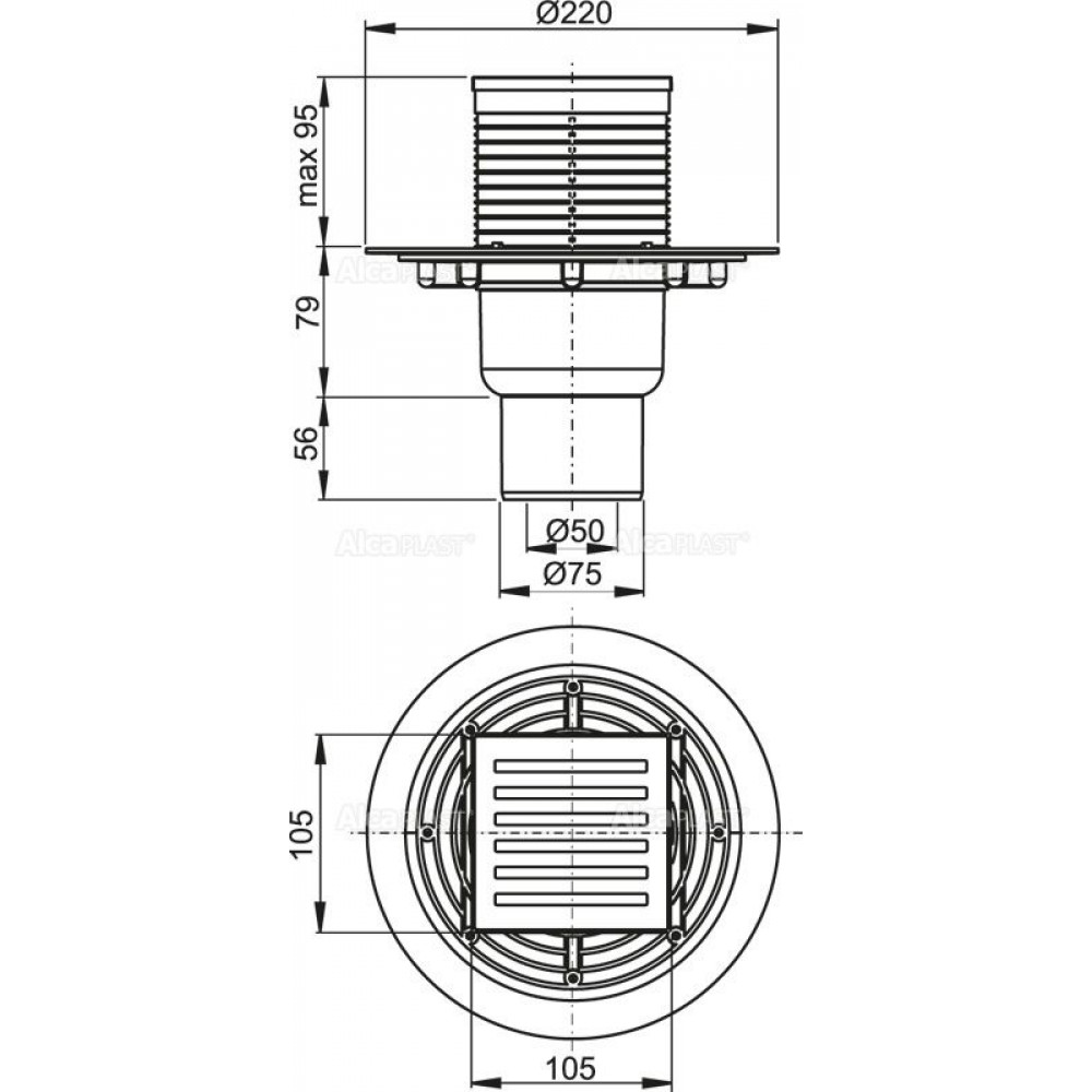 Душевой трап Alcadrain 105х105/50/75 решетка из нерж стали (APV203)
