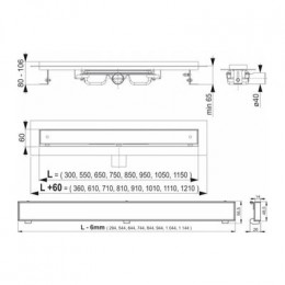 Душевой лоток Alcadrain FLoor Low, с порогами для решетки под кладку плитки, с горизонтальным стоком (APZ107-1050)
