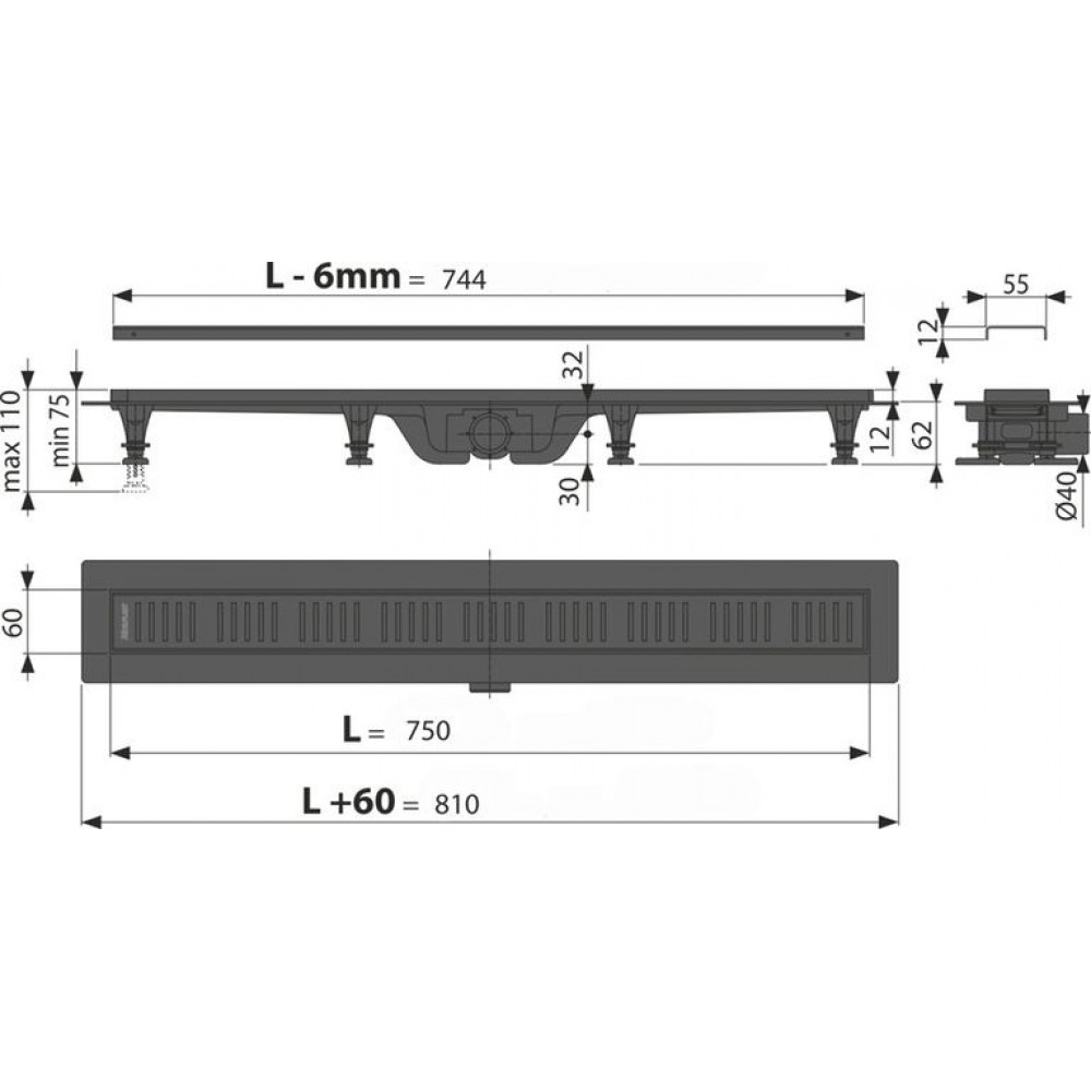 Душевой лоток Alcadrain Simple с черной матовой решеткой (APZ10BLACK-750M)