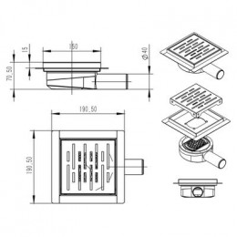 Трап для душа AZARIO 150х150 металлический, поворотный сифон 360°, перфорированная решетка, горизонтальный выпуск (AZZ3150)