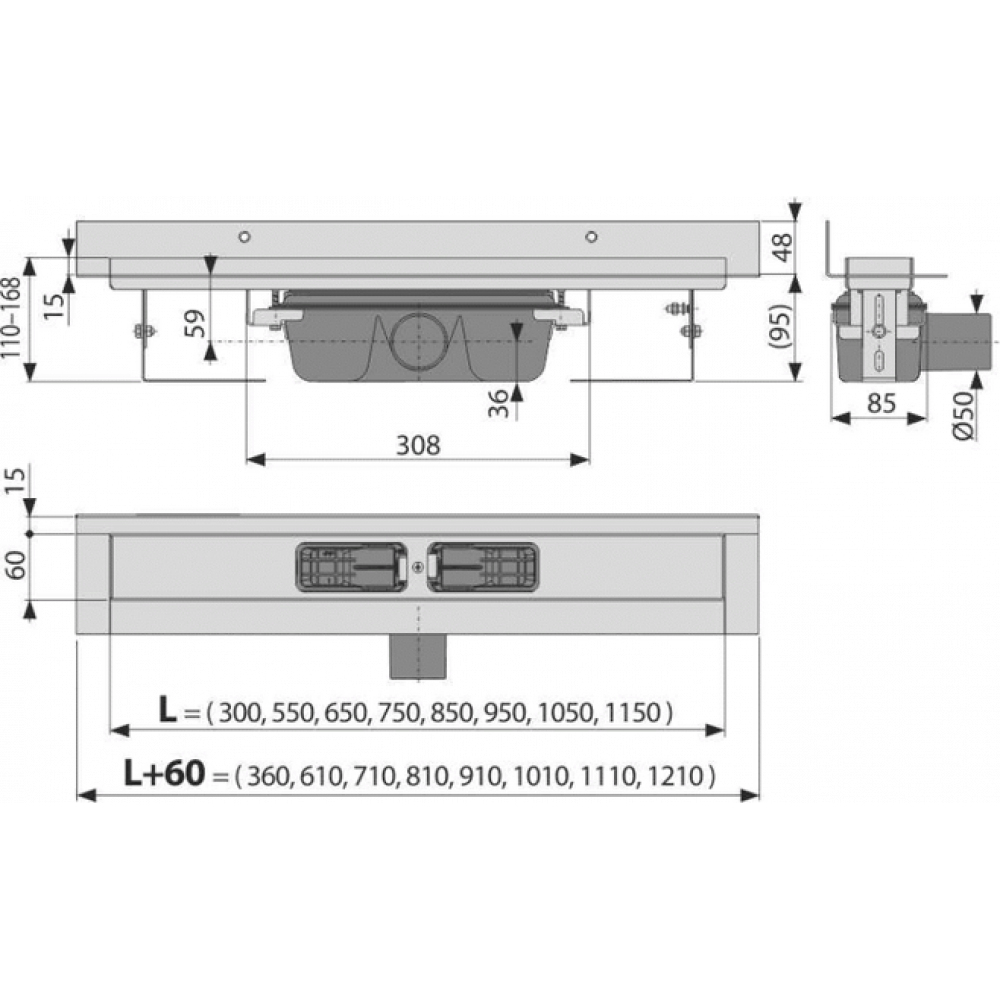 Водоотводящий желоб Alcaplast APZ16 Wall, для перфорированной решетки, с фиксированным воротником к стене, горизонтальный сток (APZ16-950)