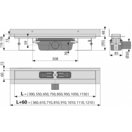 Водоотводящий желоб Alcaplast APZ16 Wall, для перфорированной решетки, с фиксированным воротником к стене, горизонтальный сток (APZ16-950)