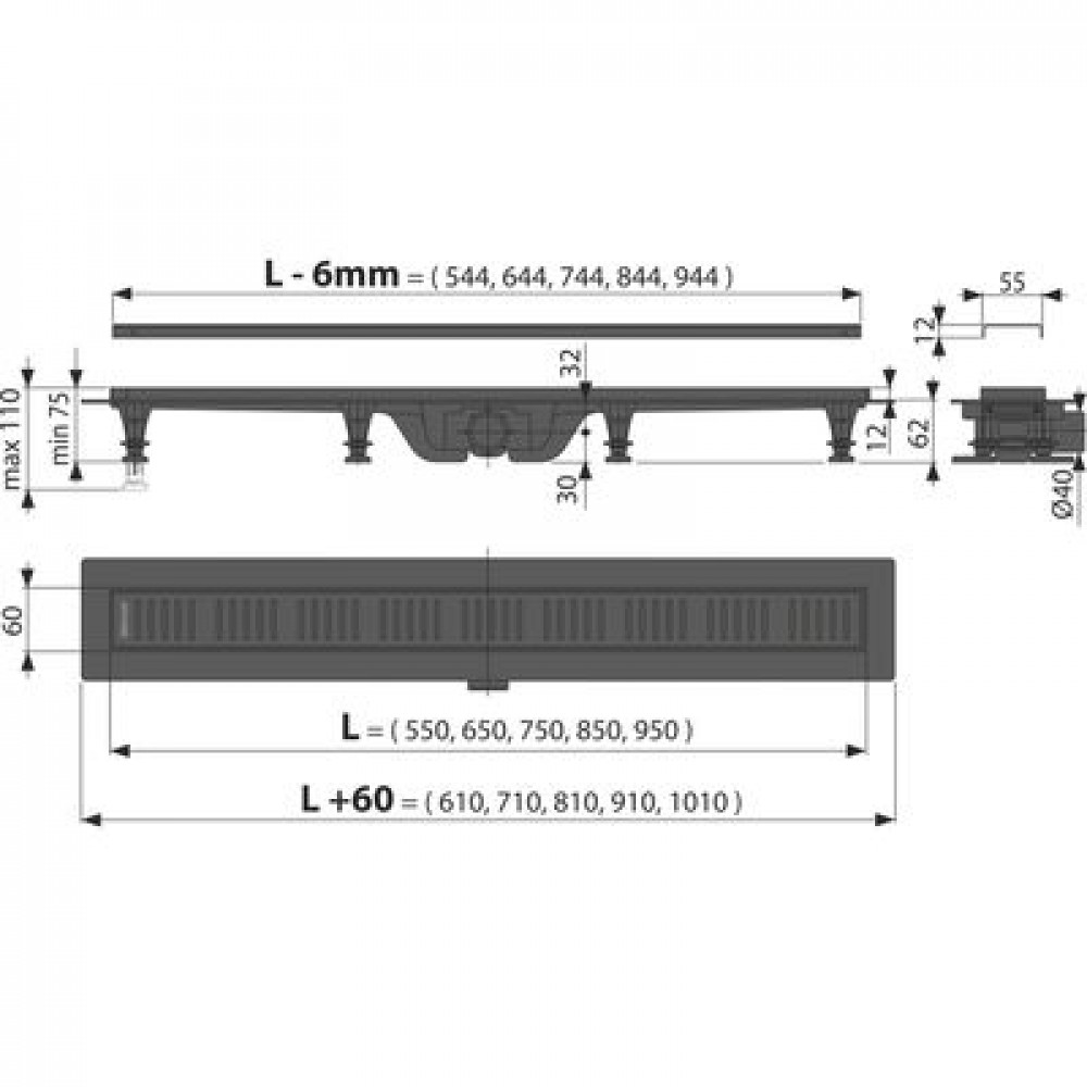 Душевой лоток Alcadrain с черной матовой решеткой (APZ10BLACK-550M)