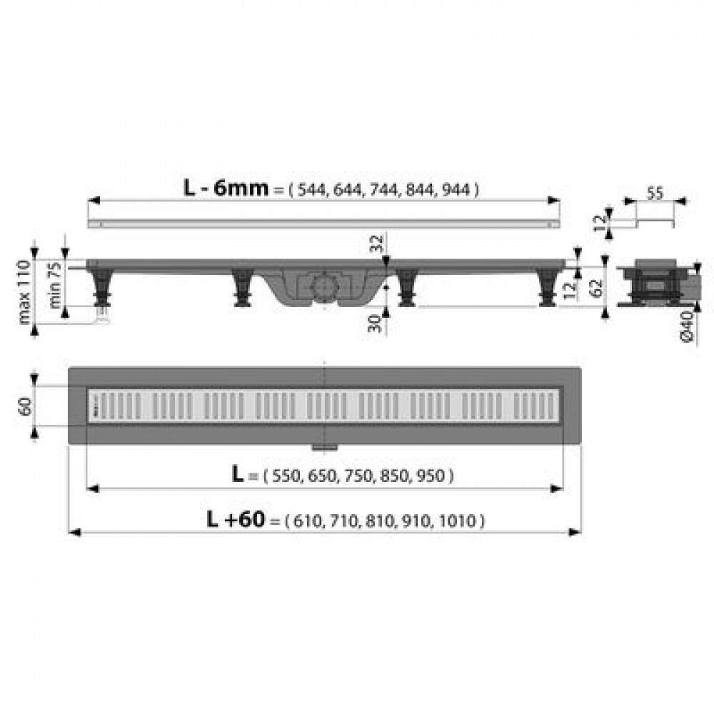Душевой лоток Alcadrain Simple с решеткой, хром (APZ10-550M)