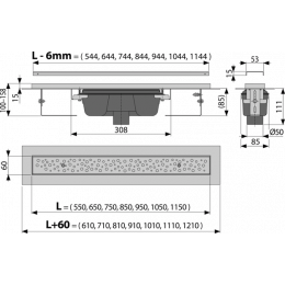 Душевой лоток Alcadrain с порогами для перфорированной решетки, с вертикальным стоком (APZ1011-750M)