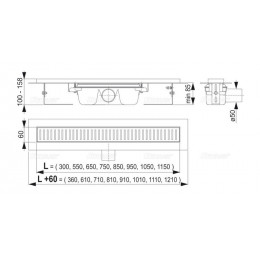 Душевой лоток Alcadrain с порогами для перфорированной решетки, с горизонтальным стоком (сталь) (APZ1-950)