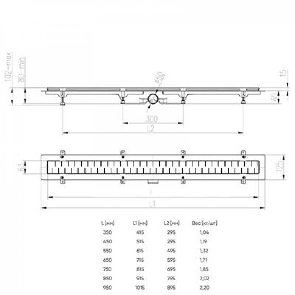 Душевой лоток AZARIO D50 Medium 650 мм, боковой слив, пластиковый, перфорированная решетка, черный (AZ-CH 650/50 MC)