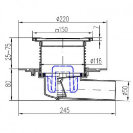 Душевой трап AZARIO НЕПТУН DN50/95 15х15см, пластик, боковой слив, решетка из нержавеющей стали (AZ-326 X N)